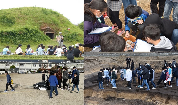 発掘現場や遺跡での授業風景
