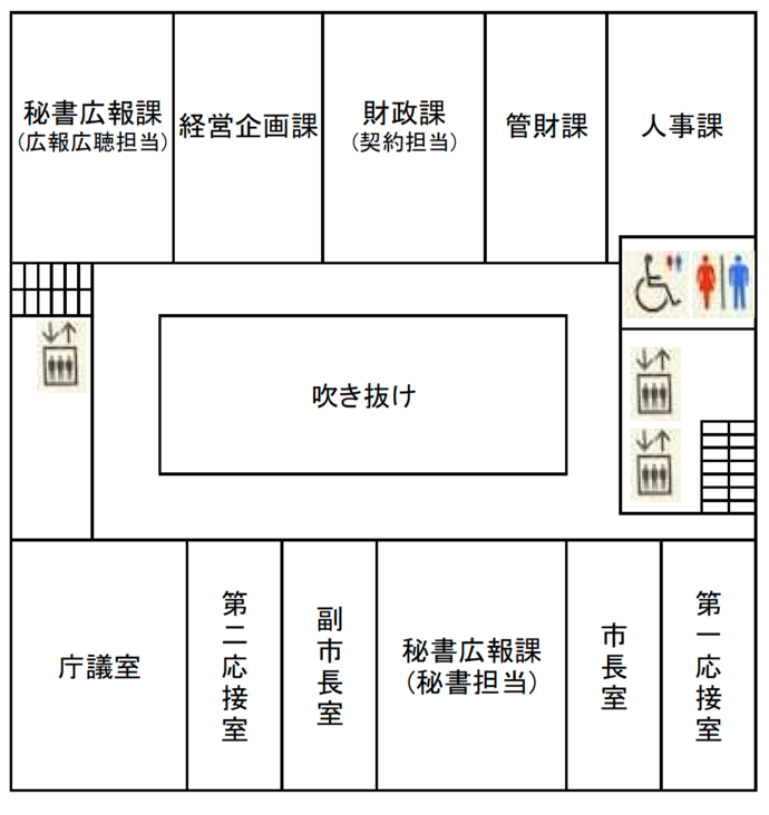 画像：春日市役所5階案内図（秘書広報課・経営企画課・財政課（契約担当）・管財課・人事課、庁議室、第二応接室、副市長室、市長室、第一応接室）