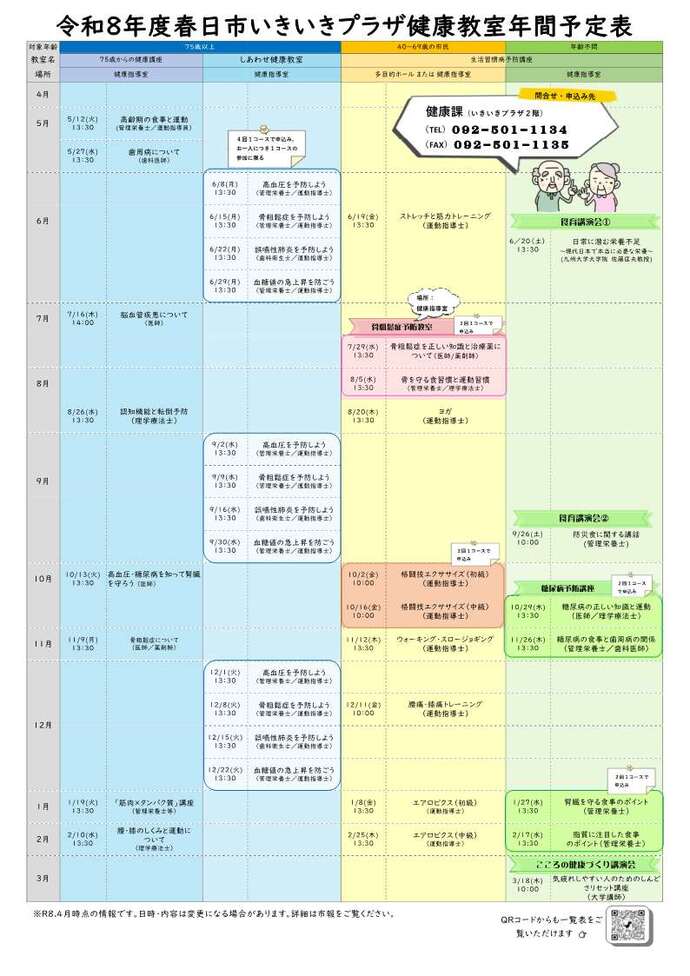 令和8年度春日市いきいきプラザ健康教室年間予定表