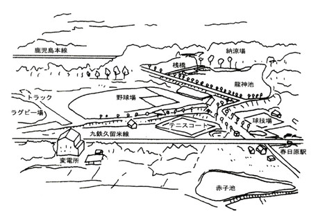 イラスト：大正13年（1924年）頃の春日原球場周辺図