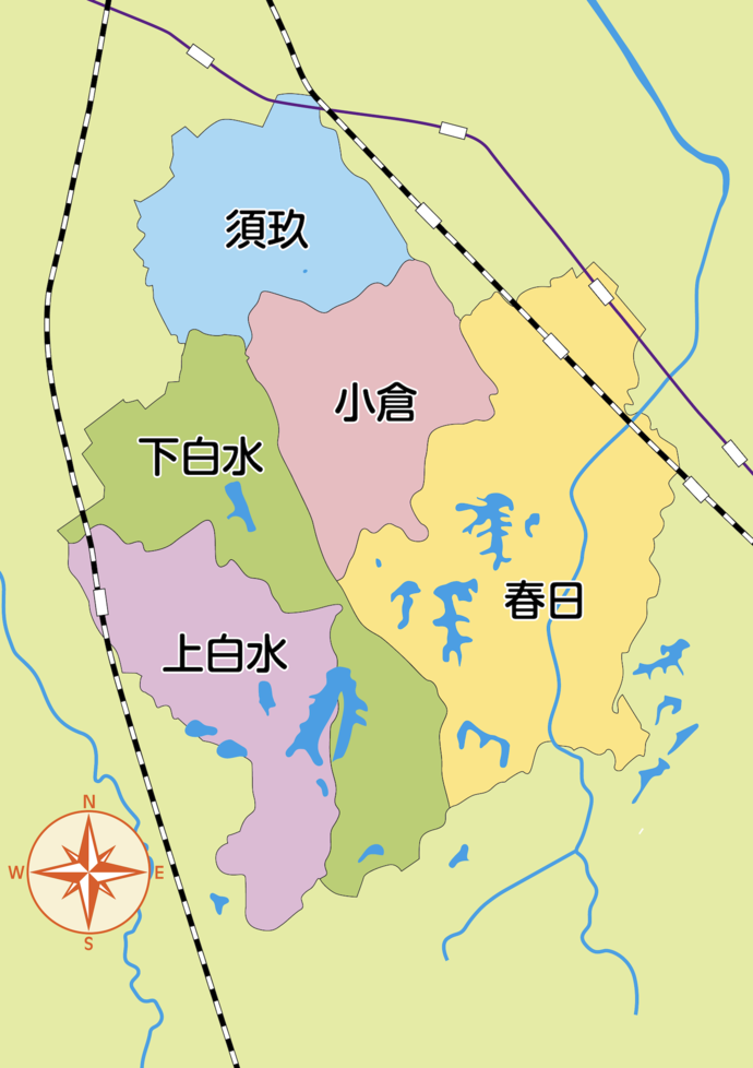 旧5村に区切られた春日市の地図