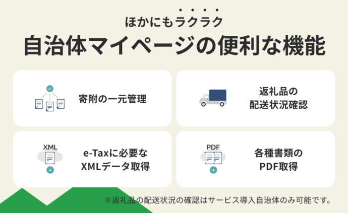 ほかにもラクラク自治体マイページの便利な機能　寄附の一元管理　返礼品の配送状況確認　e-Taxに必要なXMLデータの取得　各種書類のPDF取得　※ 返礼品の配送状況の確認はサービス導入自治体のみ可能です。