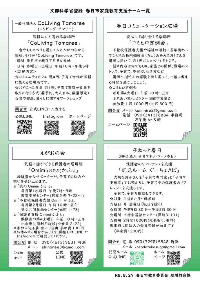 チラシ裏:文部科学省登録 春日市家庭教育支援チーム一覧